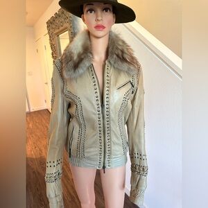 Roberto Cavalli Beige Leather Jacket with Fur Collar